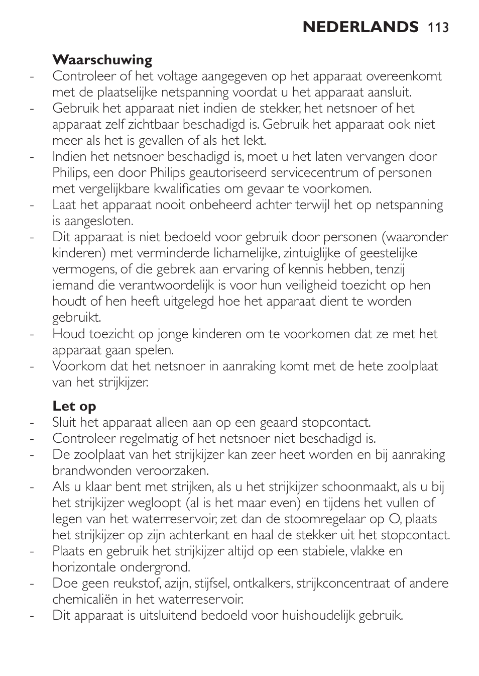 Waarschuwing, Let op | Philips 1900 series Fer vapeur User Manual | Page 113 / 176