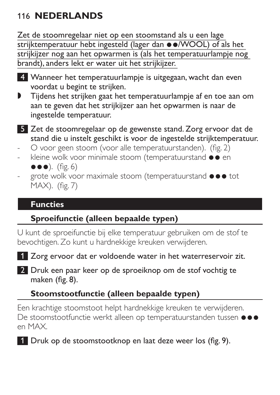 Functies, Sproeifunctie (alleen bepaalde typen), Stoomstootfunctie (alleen bepaalde typen) | Philips 1900 series Fer vapeur User Manual | Page 116 / 176