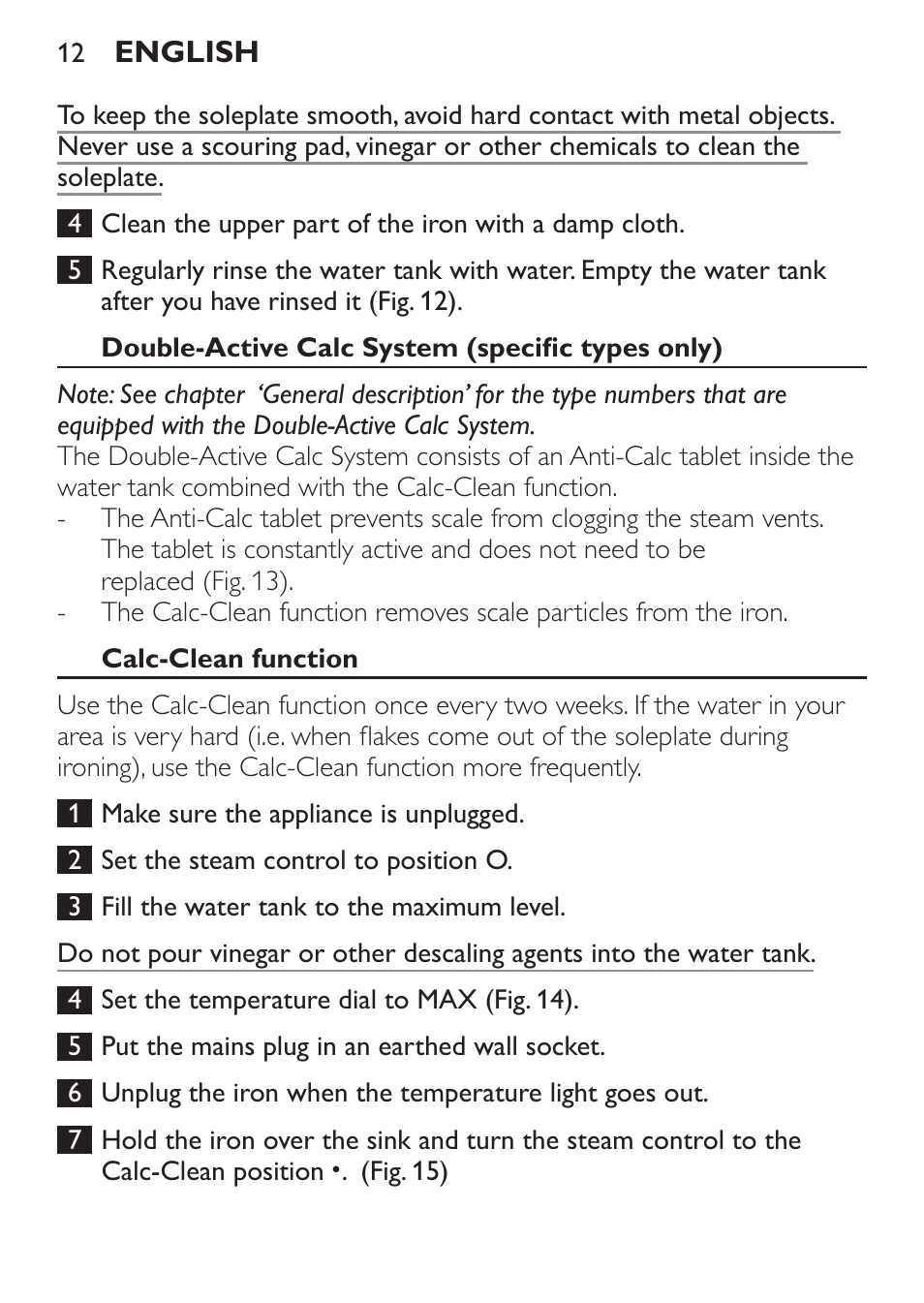 Double-active calc system (specific types only), Calc-clean function | Philips 1900 series Fer vapeur User Manual | Page 12 / 176