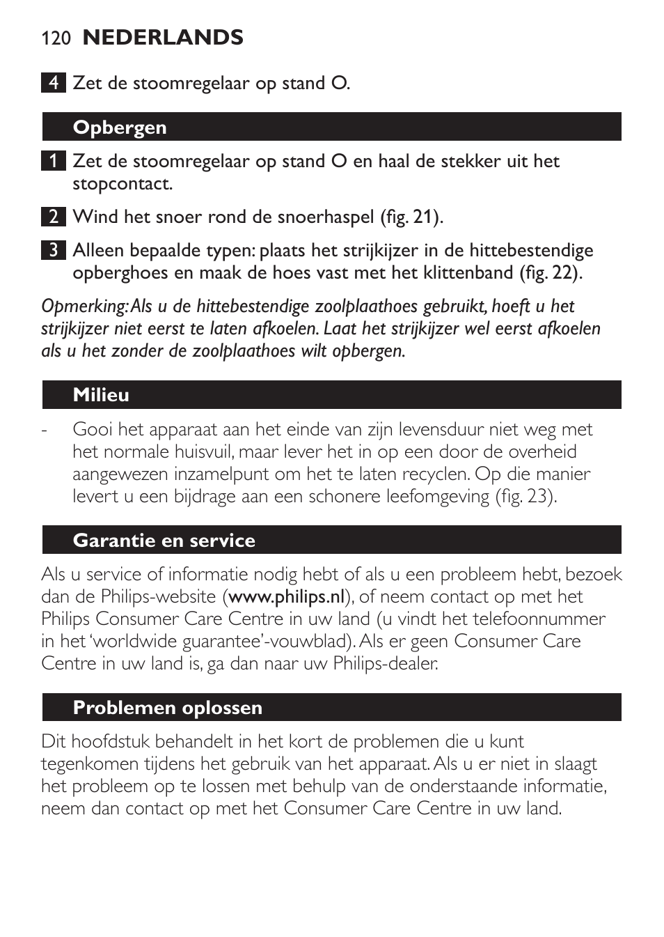 Opbergen, Milieu, Garantie en service | Problemen oplossen | Philips 1900 series Fer vapeur User Manual | Page 120 / 176