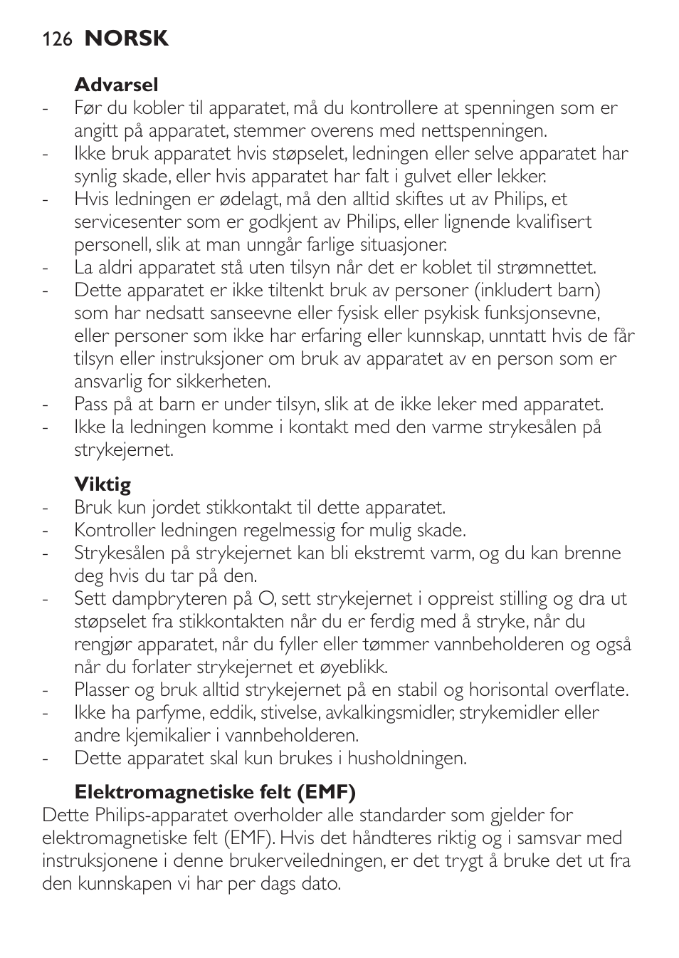 Advarsel, Viktig, Elektromagnetiske felt (emf) | Philips 1900 series Fer vapeur User Manual | Page 126 / 176