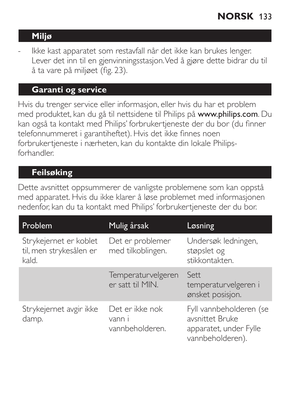 Miljø, Garanti og service, Feilsøking | Philips 1900 series Fer vapeur User Manual | Page 133 / 176