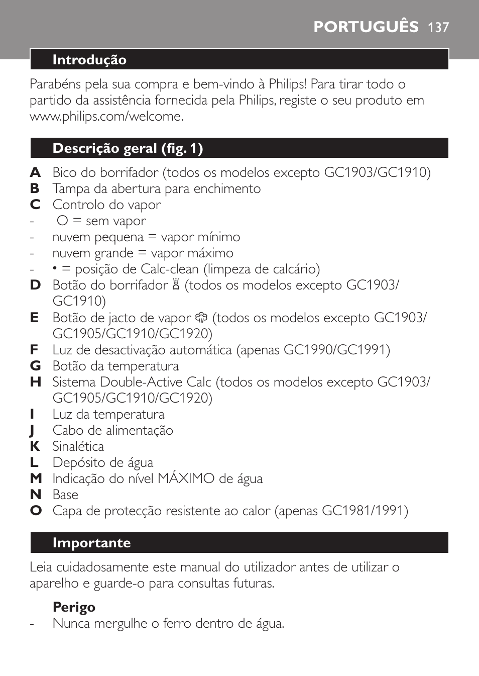 Perigo, Português, Introdução | Descrição geral (fig. 1), Importante | Philips 1900 series Fer vapeur User Manual | Page 137 / 176