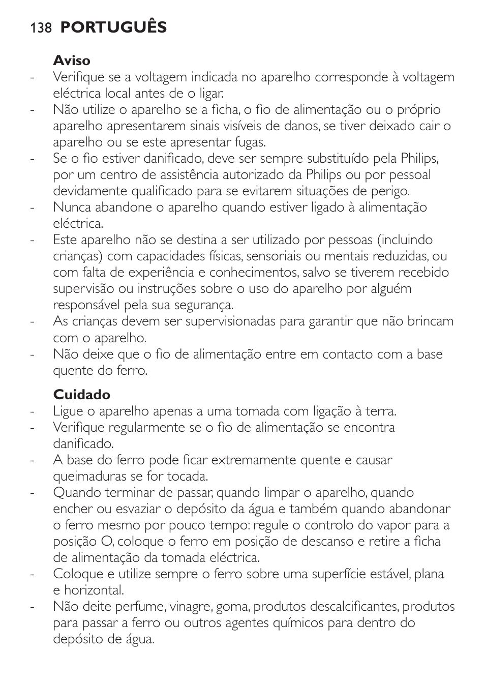 Aviso, Cuidado | Philips 1900 series Fer vapeur User Manual | Page 138 / 176