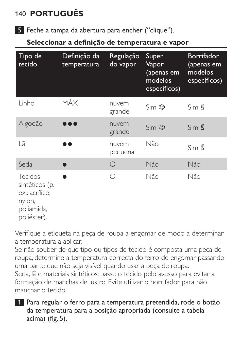 Seleccionar a definição de temperatura e vapor | Philips 1900 series Fer vapeur User Manual | Page 140 / 176