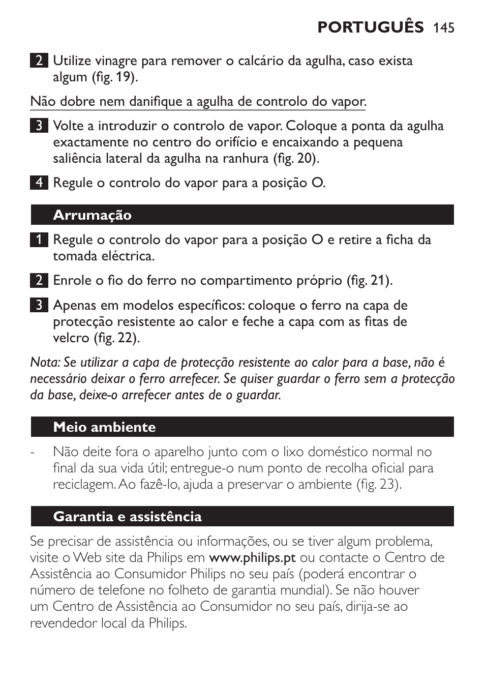 Arrumação, Meio ambiente, Garantia e assistência | Philips 1900 series Fer vapeur User Manual | Page 145 / 176