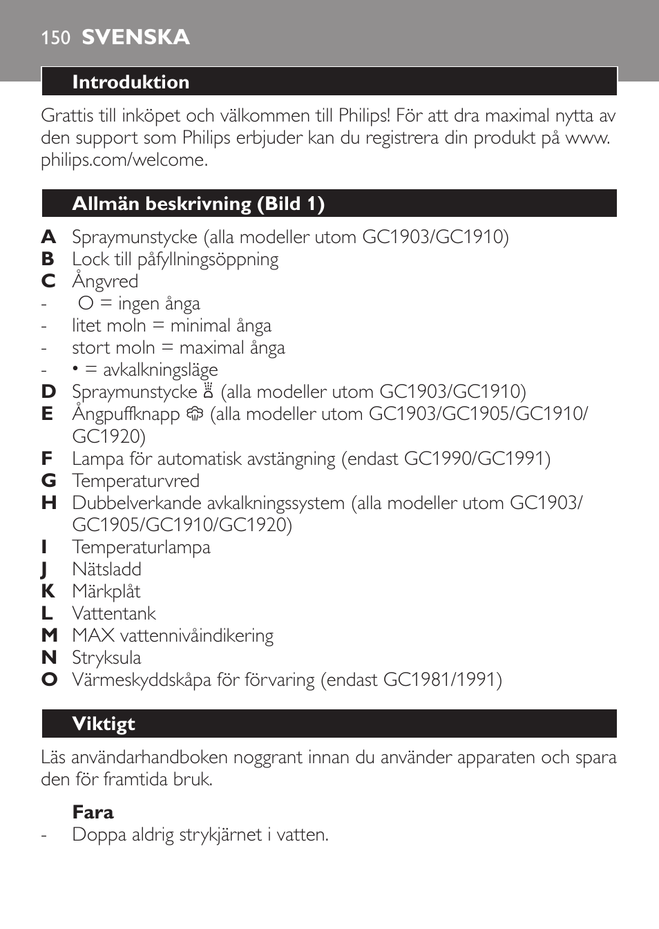 Fara, Svenska, Introduktion | Allmän beskrivning (bild 1), Viktigt | Philips 1900 series Fer vapeur User Manual | Page 150 / 176