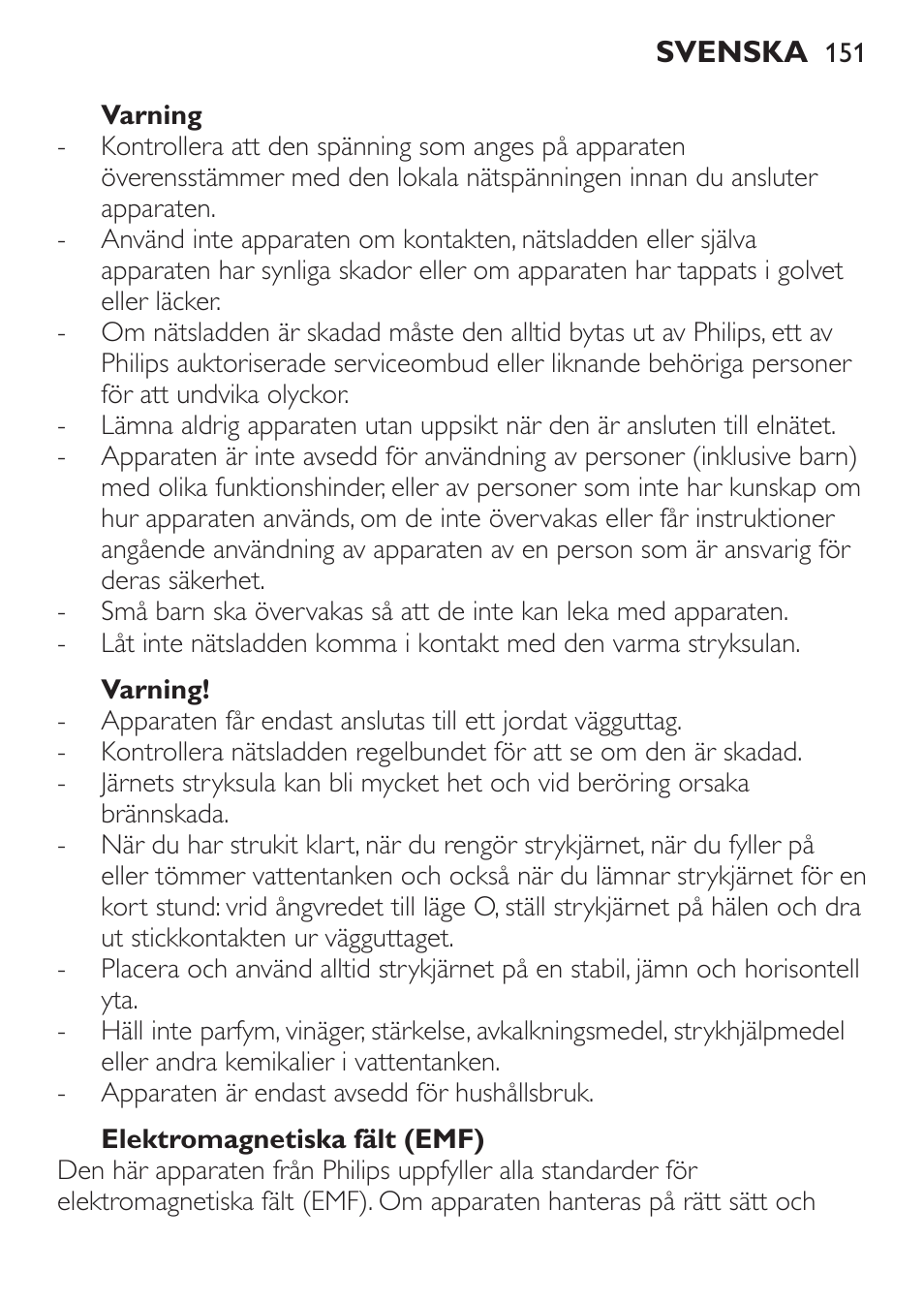 Varning, Elektromagnetiska fält (emf) | Philips 1900 series Fer vapeur User Manual | Page 151 / 176