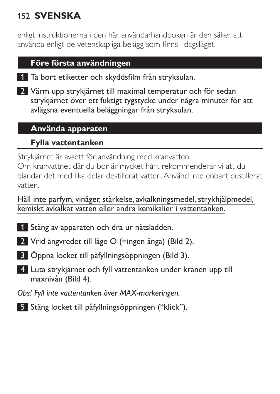 Före första användningen, Använda apparaten, Fylla vattentanken | Philips 1900 series Fer vapeur User Manual | Page 152 / 176