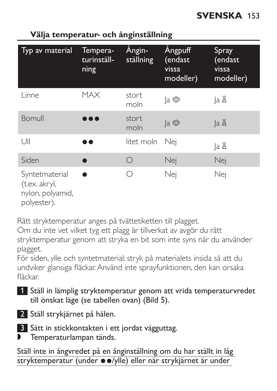 Välja temperatur- och ånginställning | Philips 1900 series Fer vapeur User Manual | Page 153 / 176