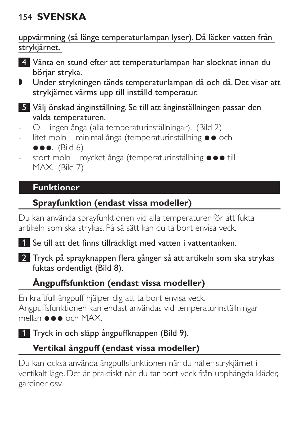 Funktioner, Sprayfunktion (endast vissa modeller), Ångpuffsfunktion (endast vissa modeller) | Vertikal ångpuff (endast vissa modeller) | Philips 1900 series Fer vapeur User Manual | Page 154 / 176