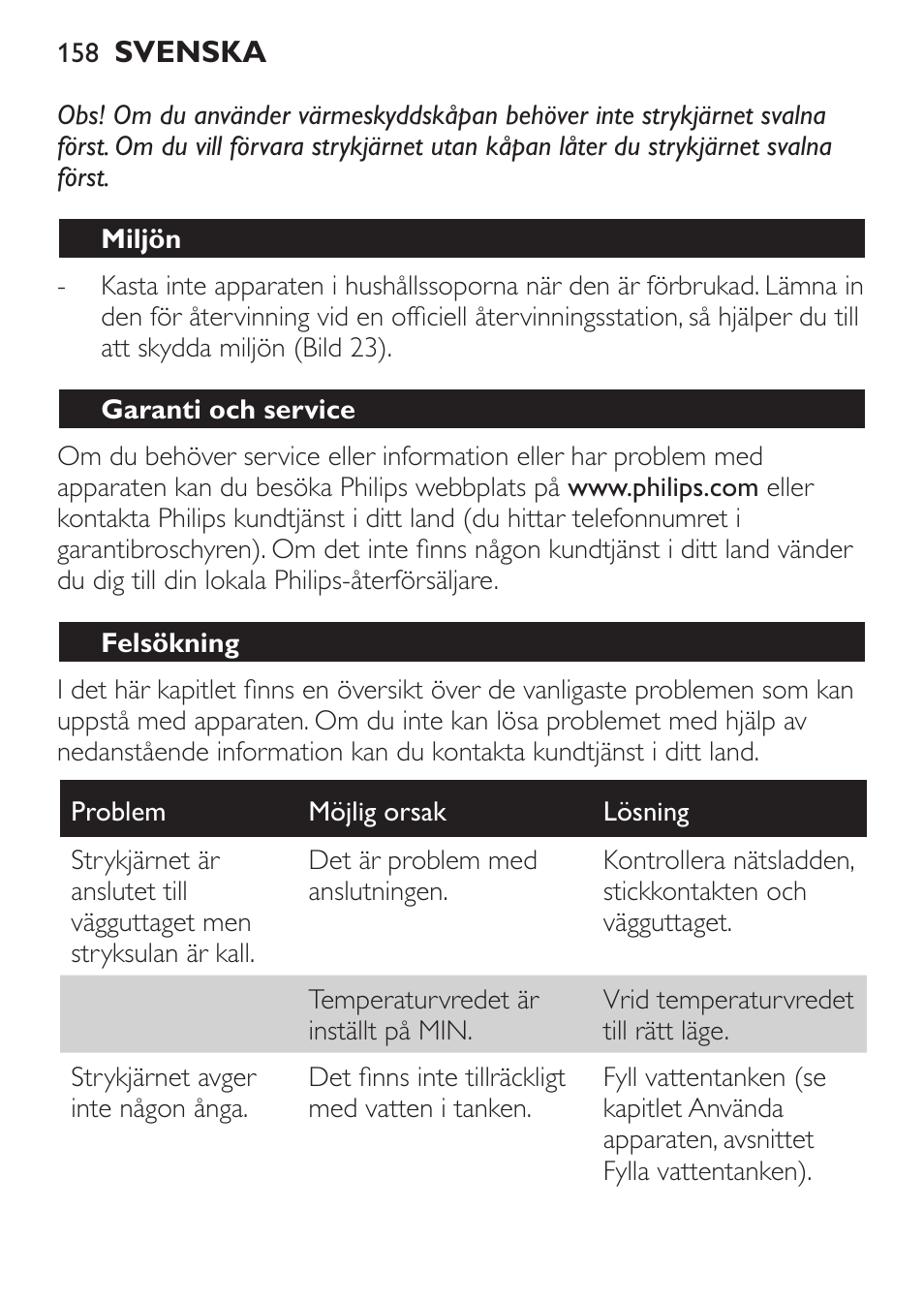 Miljön, Garanti och service, Felsökning | Philips 1900 series Fer vapeur User Manual | Page 158 / 176