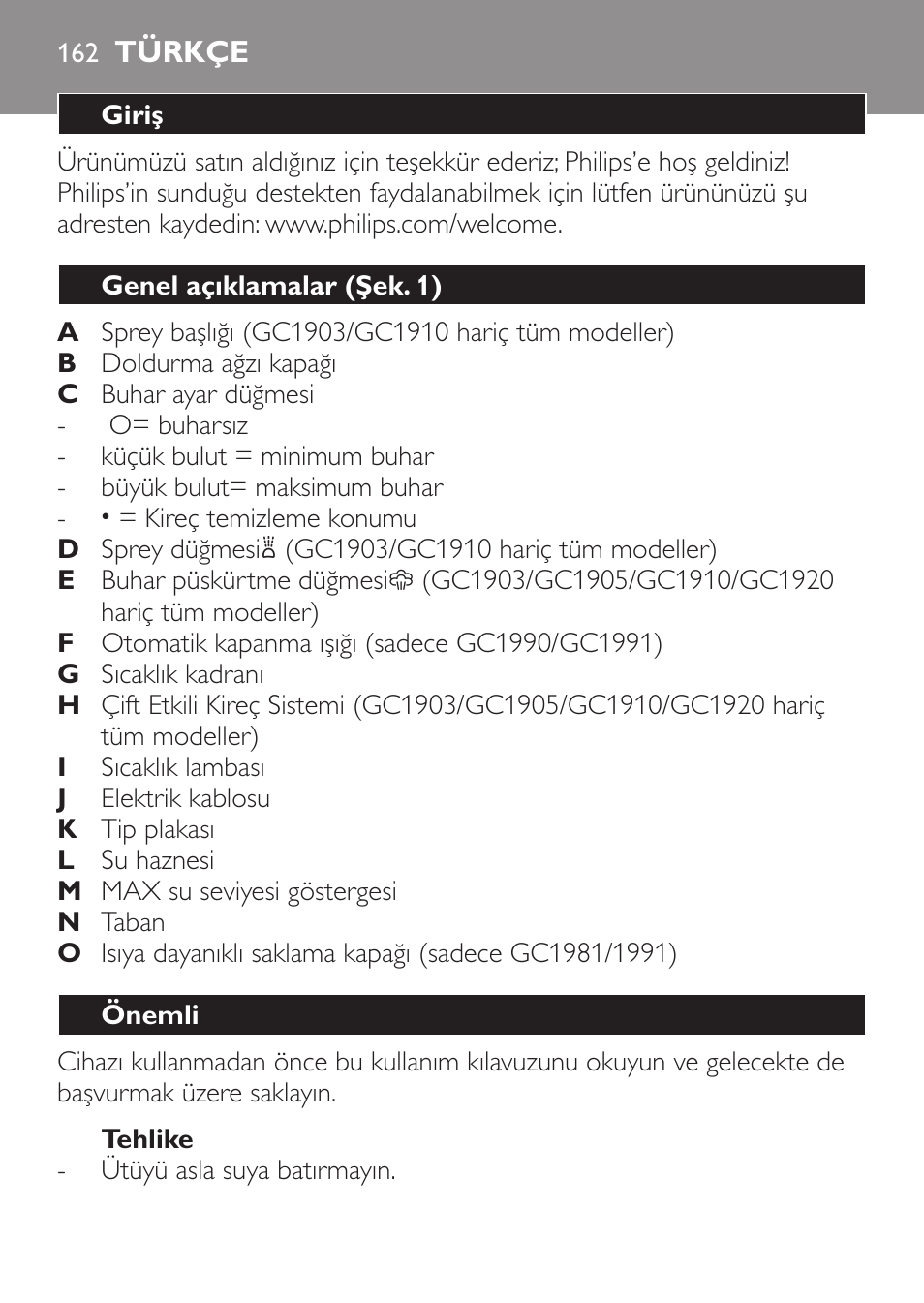 Tehlike, Türkçe, Giriş | Genel açıklamalar (şek. 1), Önemli | Philips 1900 series Fer vapeur User Manual | Page 162 / 176