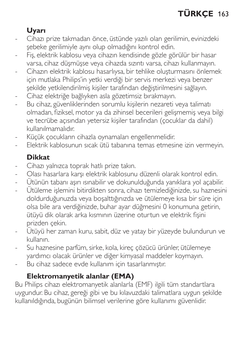 Uyarı, Dikkat, Elektromanyetik alanlar (ema) | Philips 1900 series Fer vapeur User Manual | Page 163 / 176