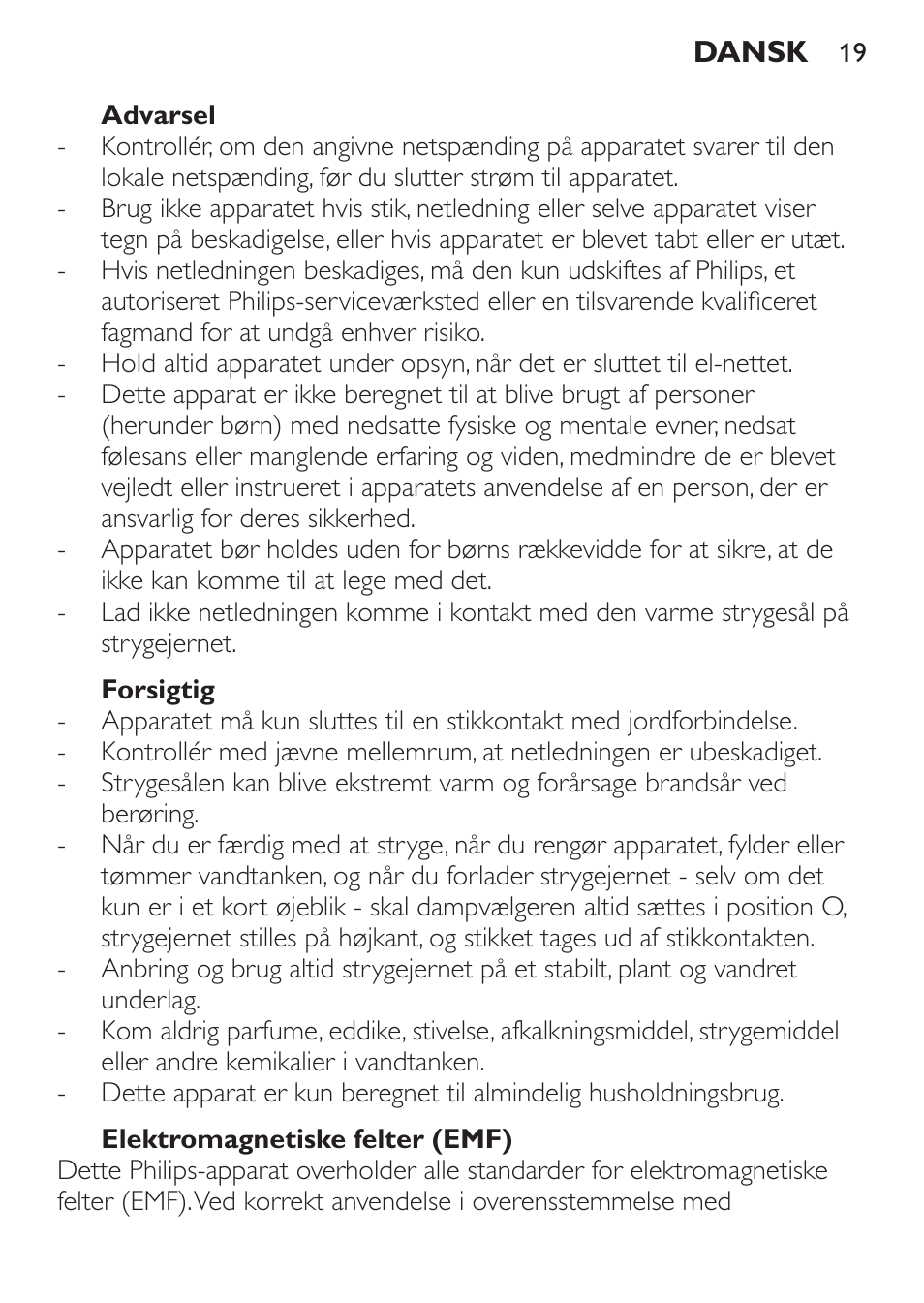 Advarsel, Forsigtig, Elektromagnetiske felter (emf) | Philips 1900 series Fer vapeur User Manual | Page 19 / 176