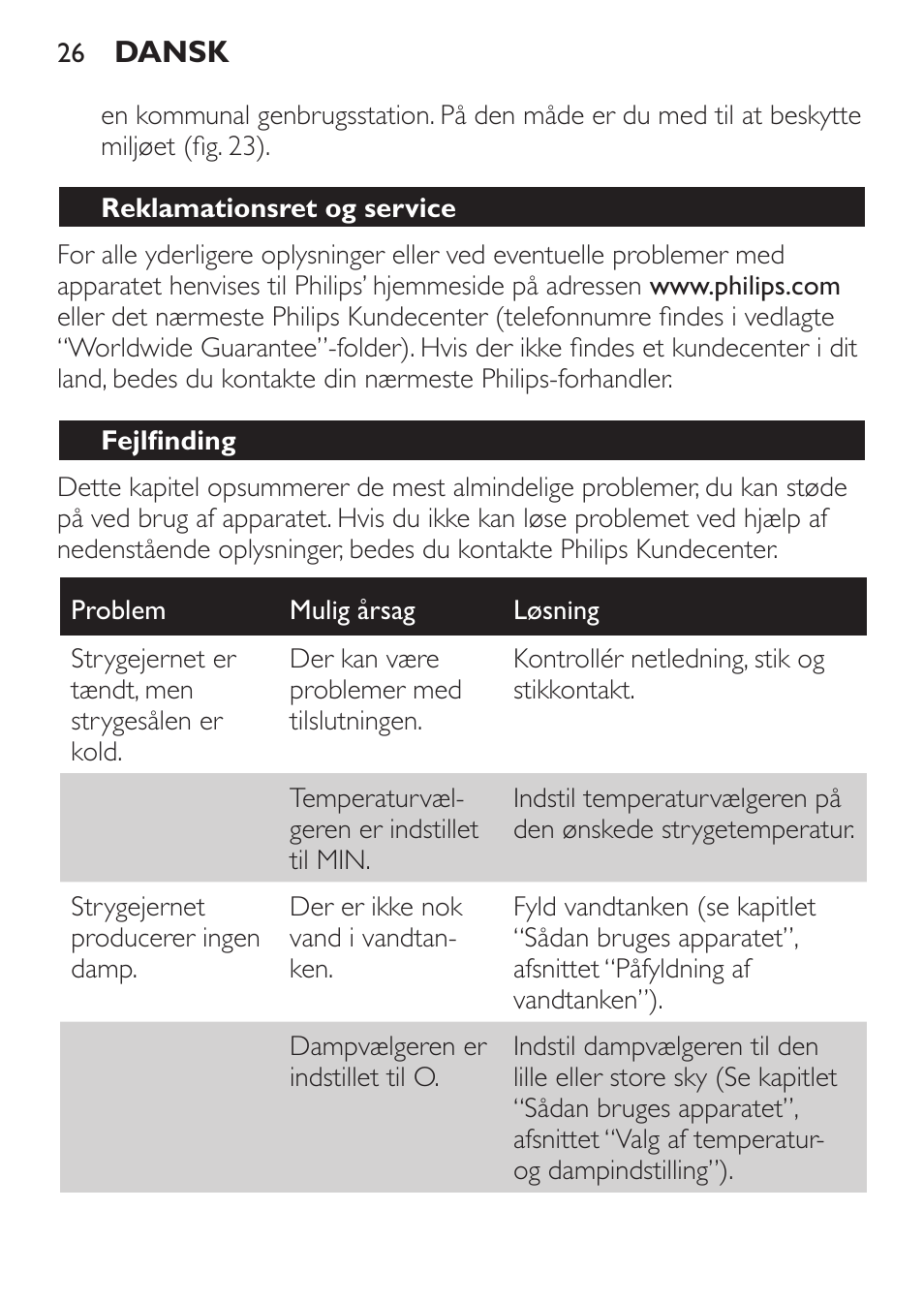 Reklamationsret og service, Fejlfinding | Philips 1900 series Fer vapeur User Manual | Page 26 / 176