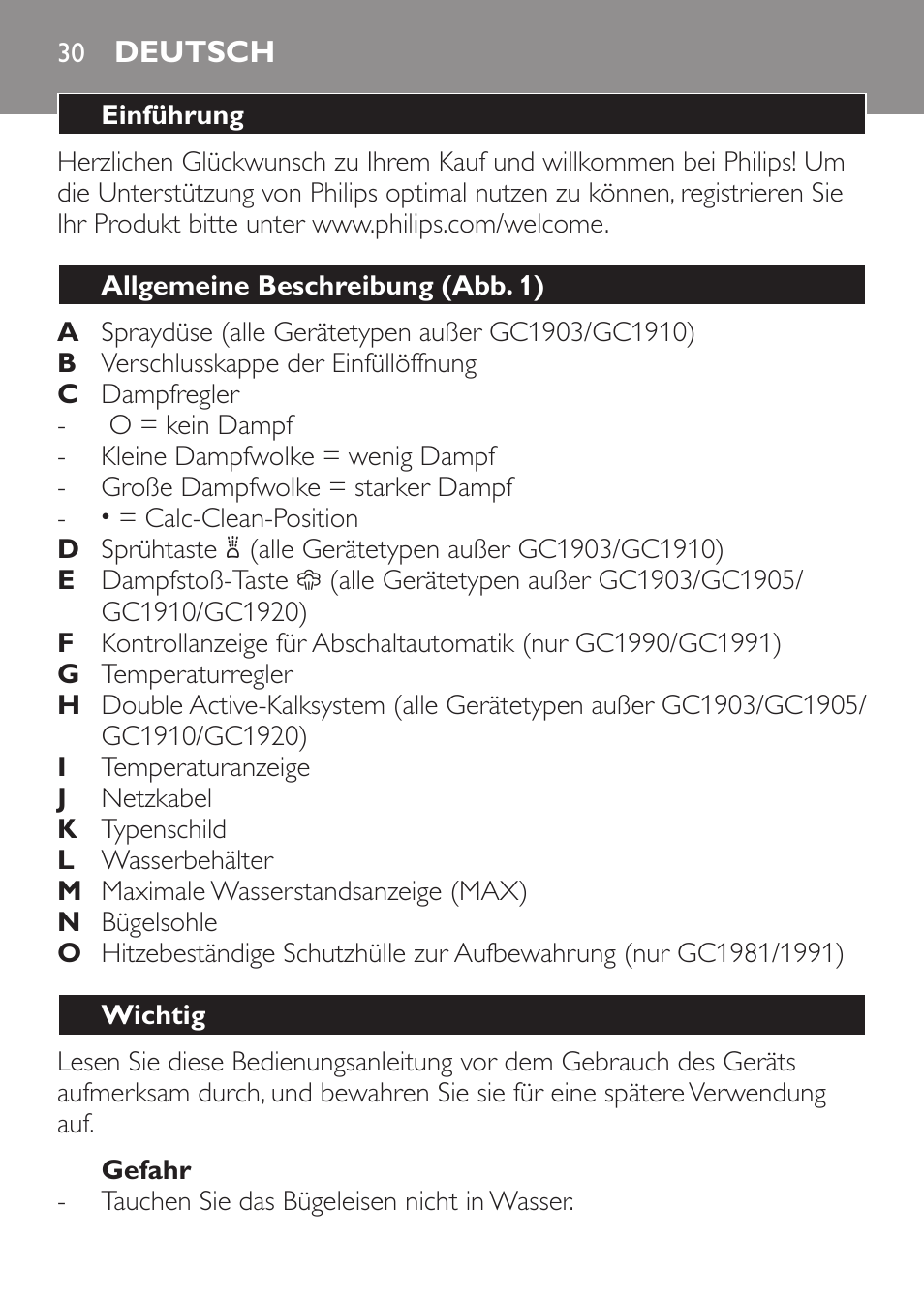 Gefahr, Deutsch, Einführung | Allgemeine beschreibung (abb. 1), Wichtig | Philips 1900 series Fer vapeur User Manual | Page 30 / 176