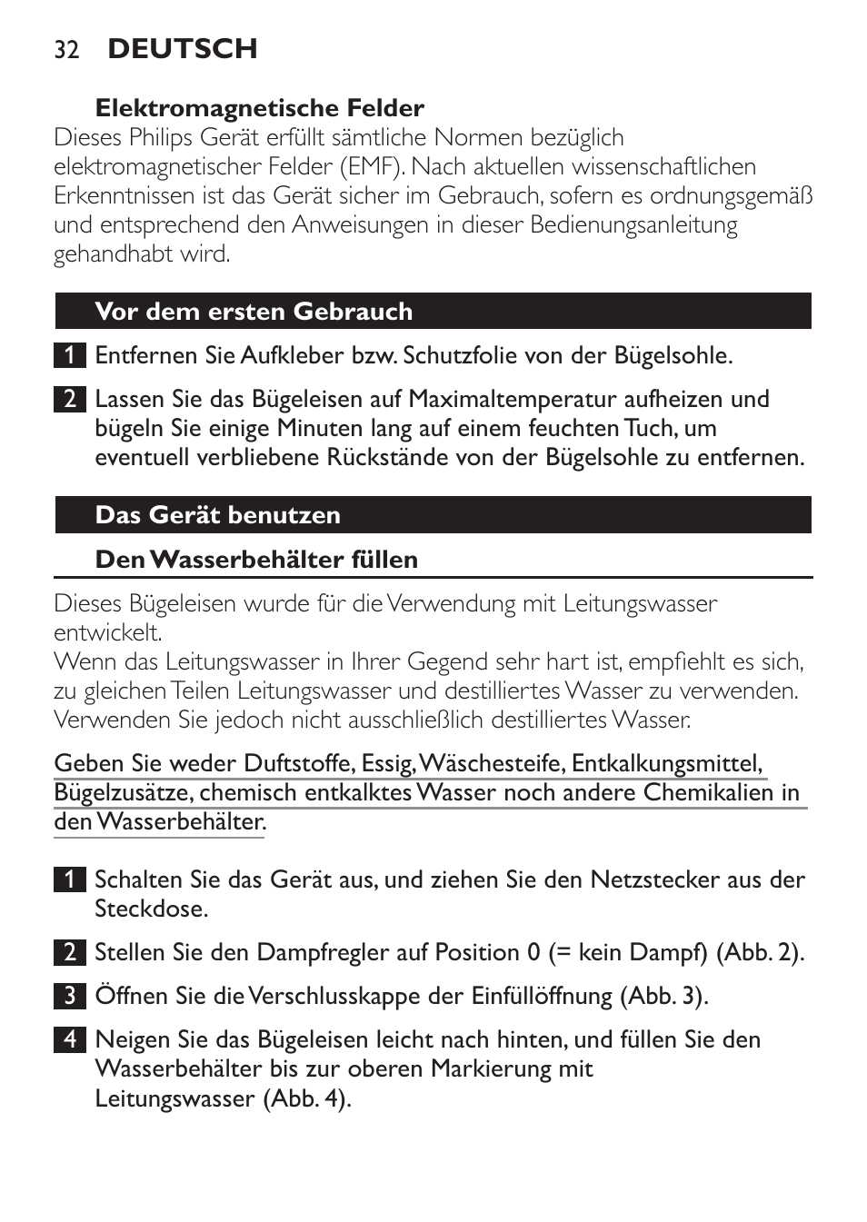 Elektromagnetische felder, Vor dem ersten gebrauch, Das gerät benutzen | Den wasserbehälter füllen | Philips 1900 series Fer vapeur User Manual | Page 32 / 176