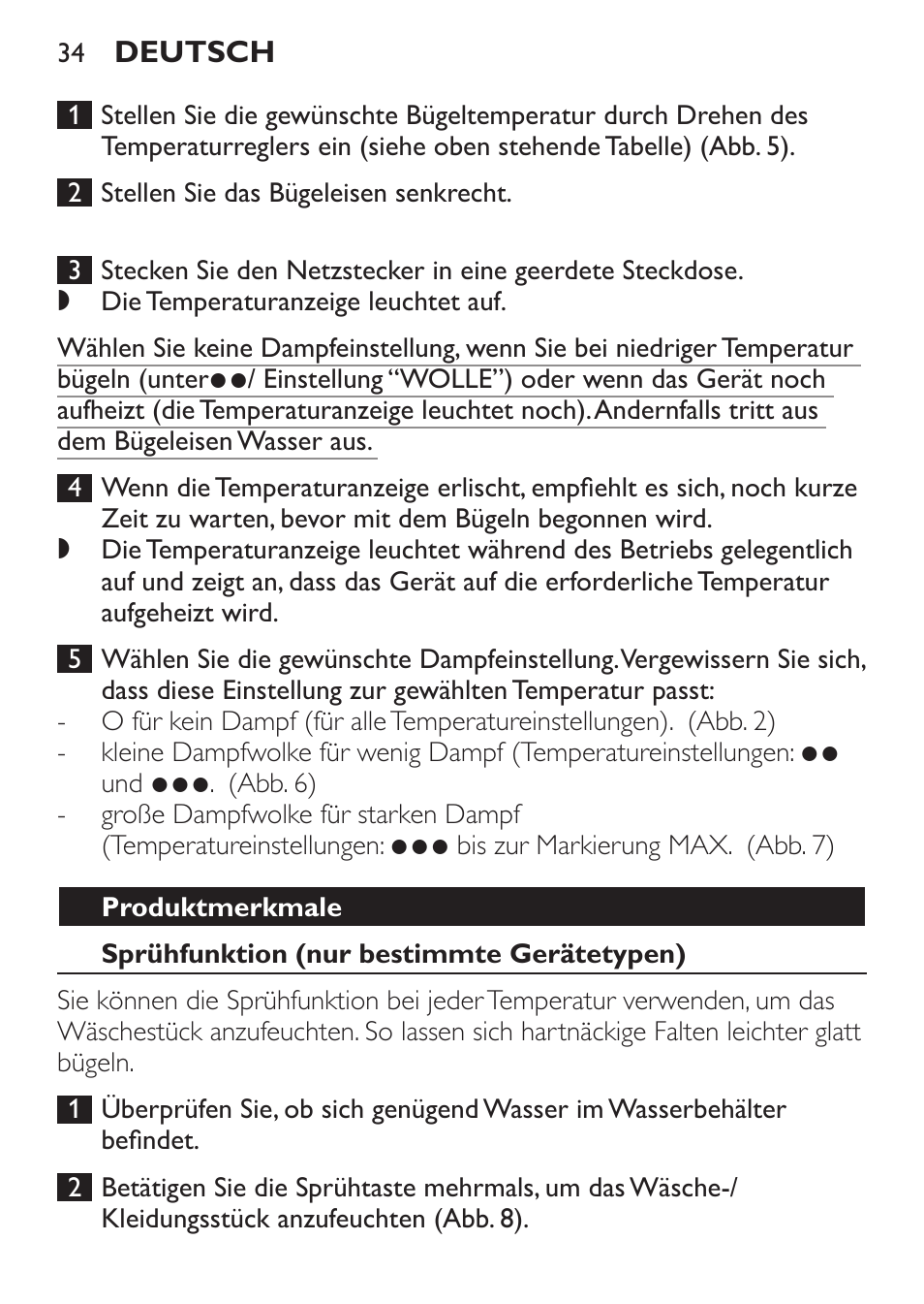 Produktmerkmale, Sprühfunktion (nur bestimmte gerätetypen) | Philips 1900 series Fer vapeur User Manual | Page 34 / 176