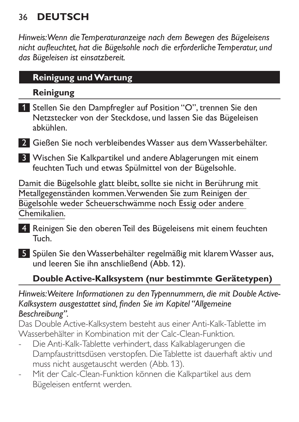 Reinigung und wartung, Reinigung | Philips 1900 series Fer vapeur User Manual | Page 36 / 176