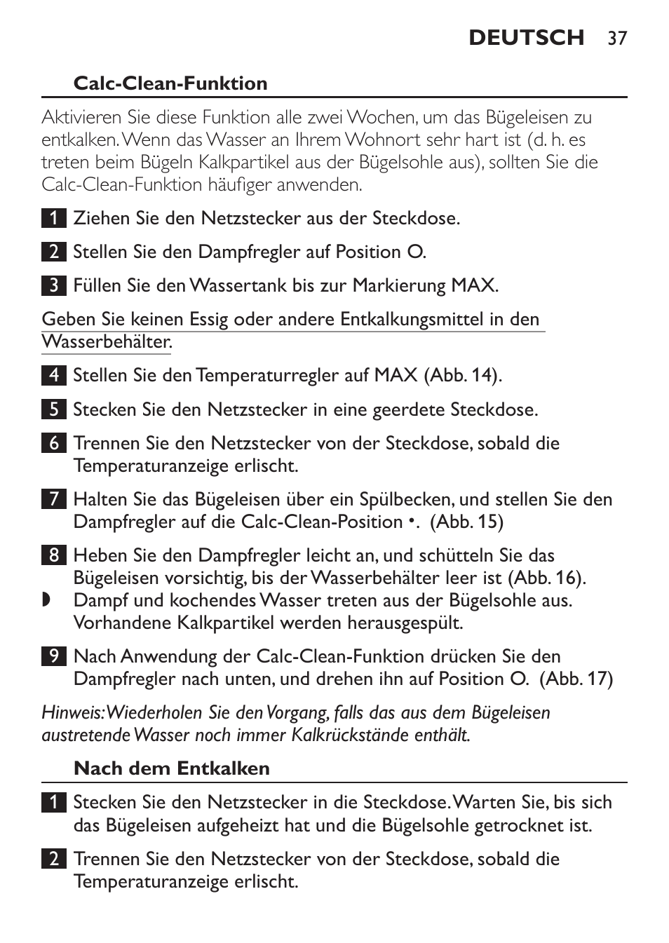 Calc-clean-funktion, Nach dem entkalken | Philips 1900 series Fer vapeur User Manual | Page 37 / 176