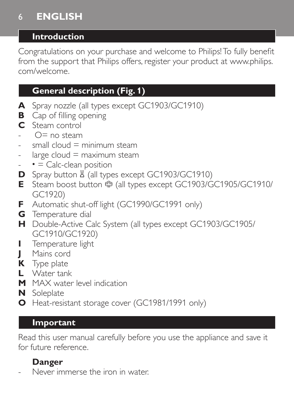 English, Introduction, General description (fig. 1) | Important, Danger | Philips 1900 series Fer vapeur User Manual | Page 6 / 176