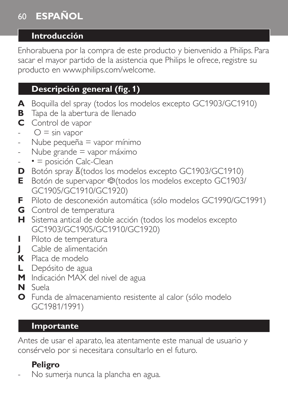 Peligro, Español, Introducción | Descripción general (fig. 1), Importante | Philips 1900 series Fer vapeur User Manual | Page 60 / 176