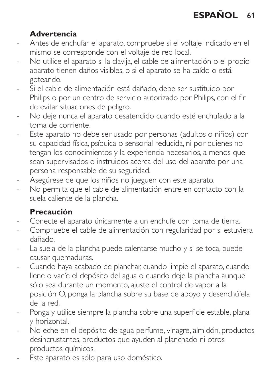 Advertencia, Precaución | Philips 1900 series Fer vapeur User Manual | Page 61 / 176