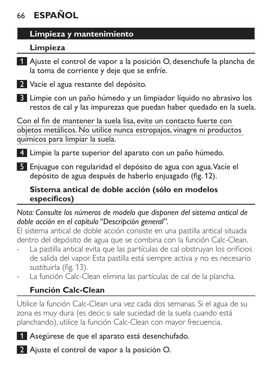 Limpieza y mantenimiento, Limpieza, Función calc-clean | Philips 1900 series Fer vapeur User Manual | Page 66 / 176