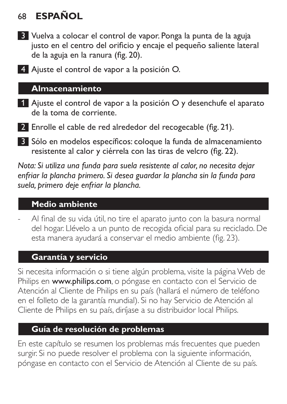 Almacenamiento, Medio ambiente, Garantía y servicio | Guía de resolución de problemas | Philips 1900 series Fer vapeur User Manual | Page 68 / 176