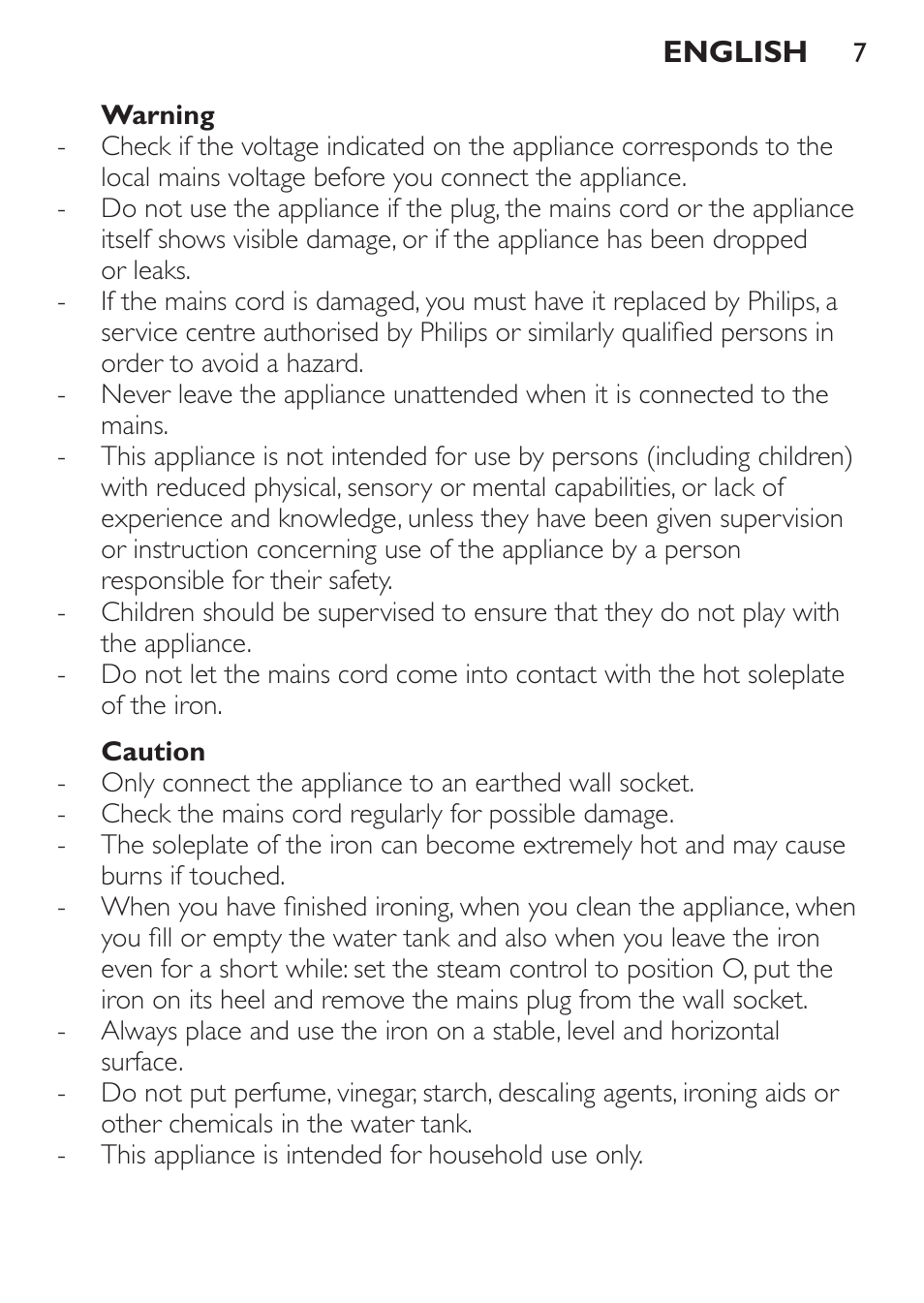 Warning, Caution | Philips 1900 series Fer vapeur User Manual | Page 7 / 176