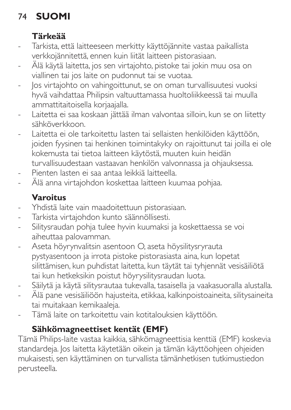 Tärkeää, Varoitus, Sähkömagneettiset kentät (emf) | Philips 1900 series Fer vapeur User Manual | Page 74 / 176