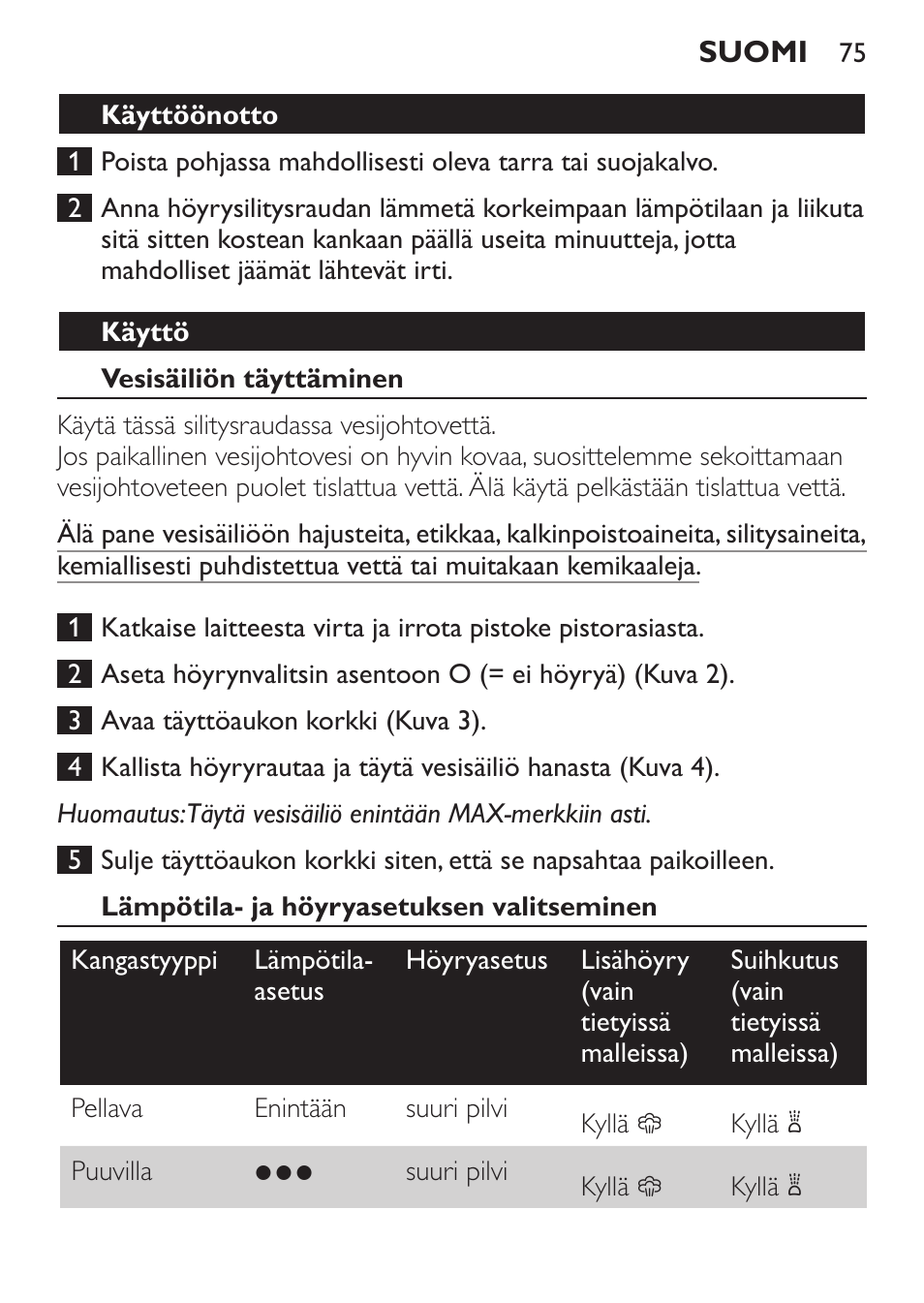 Käyttöönotto, Käyttö, Vesisäiliön täyttäminen | Lämpötila- ja höyryasetuksen valitseminen | Philips 1900 series Fer vapeur User Manual | Page 75 / 176