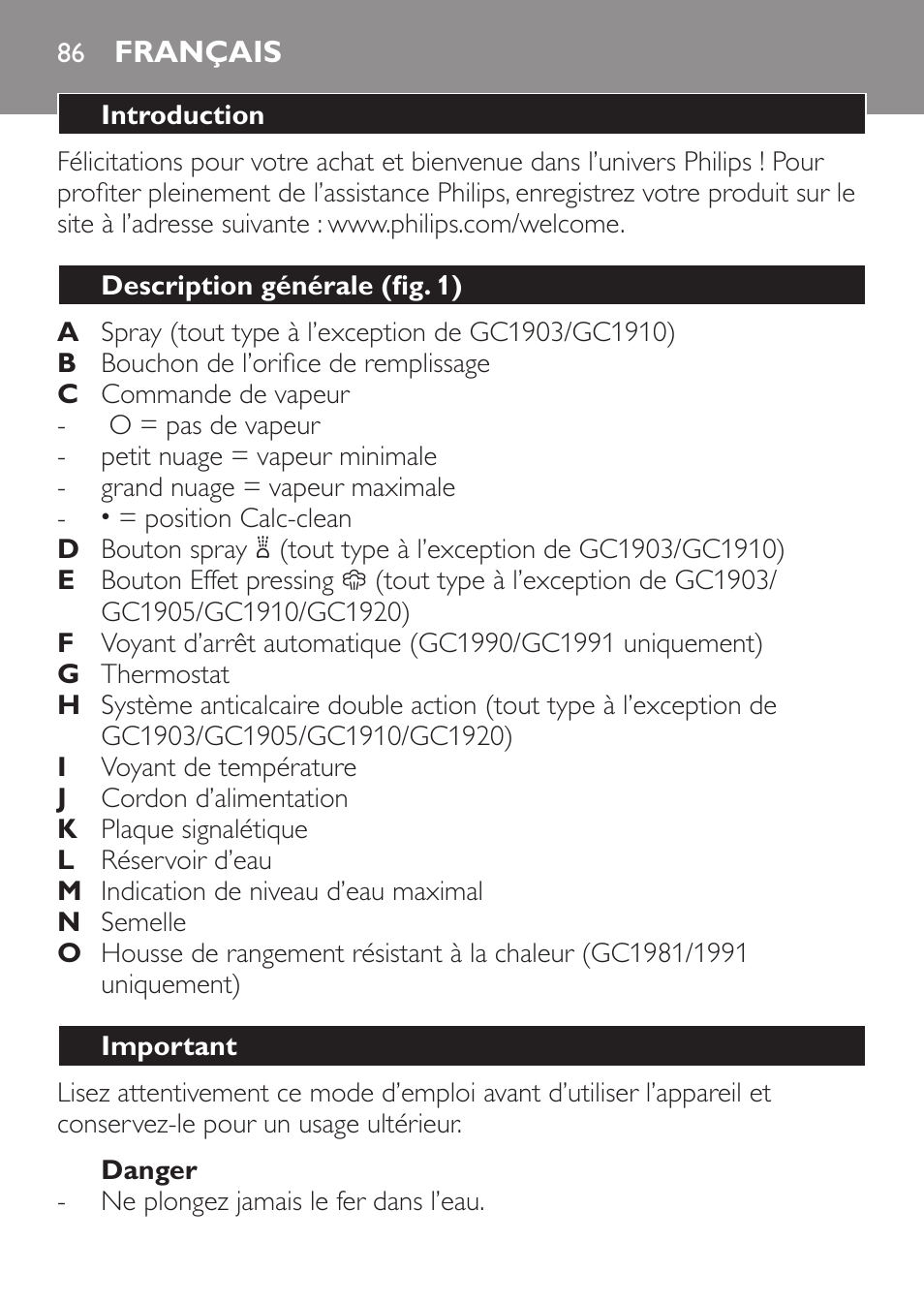 Danger, Français, Introduction | Description générale (fig. 1), Important | Philips 1900 series Fer vapeur User Manual | Page 86 / 176