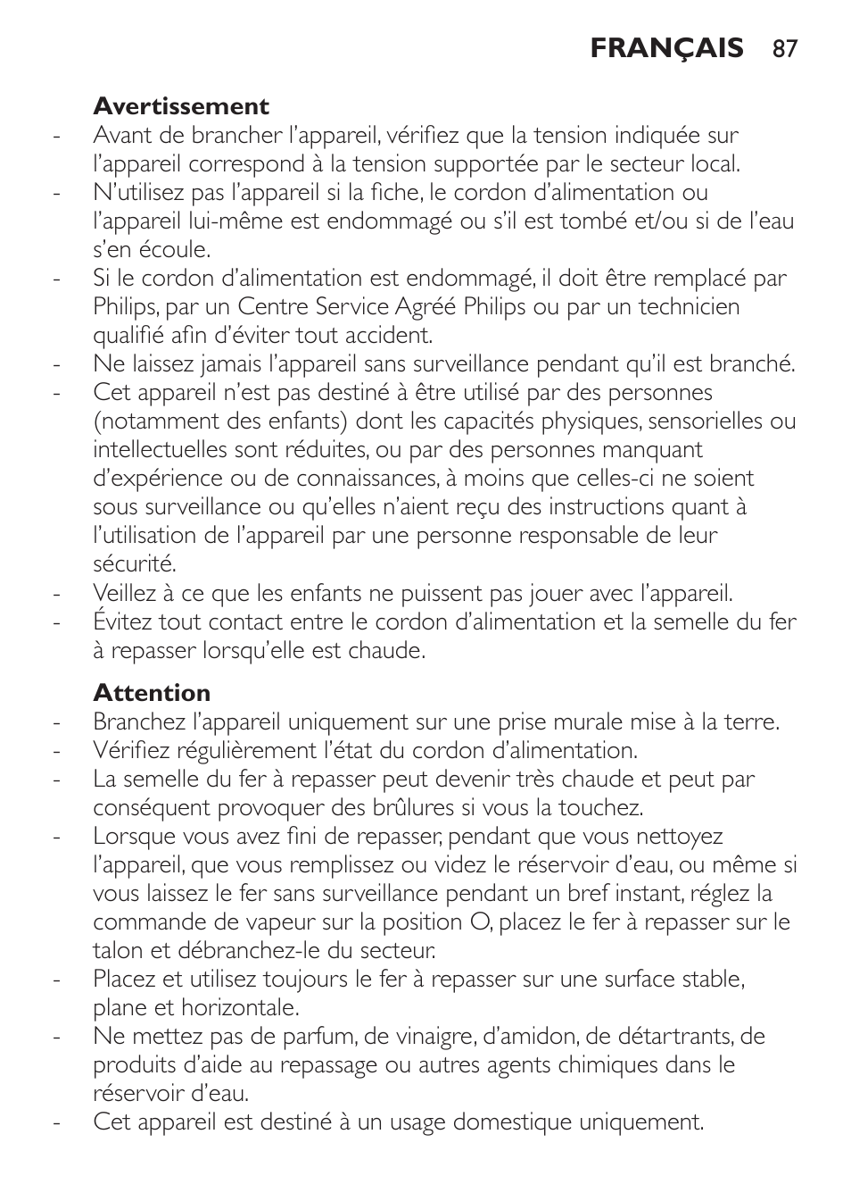 Avertissement, Attention | Philips 1900 series Fer vapeur User Manual | Page 87 / 176