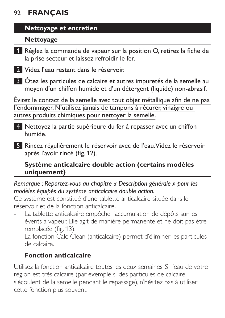 Nettoyage et entretien, Nettoyage, Fonction anticalcaire | Philips 1900 series Fer vapeur User Manual | Page 92 / 176