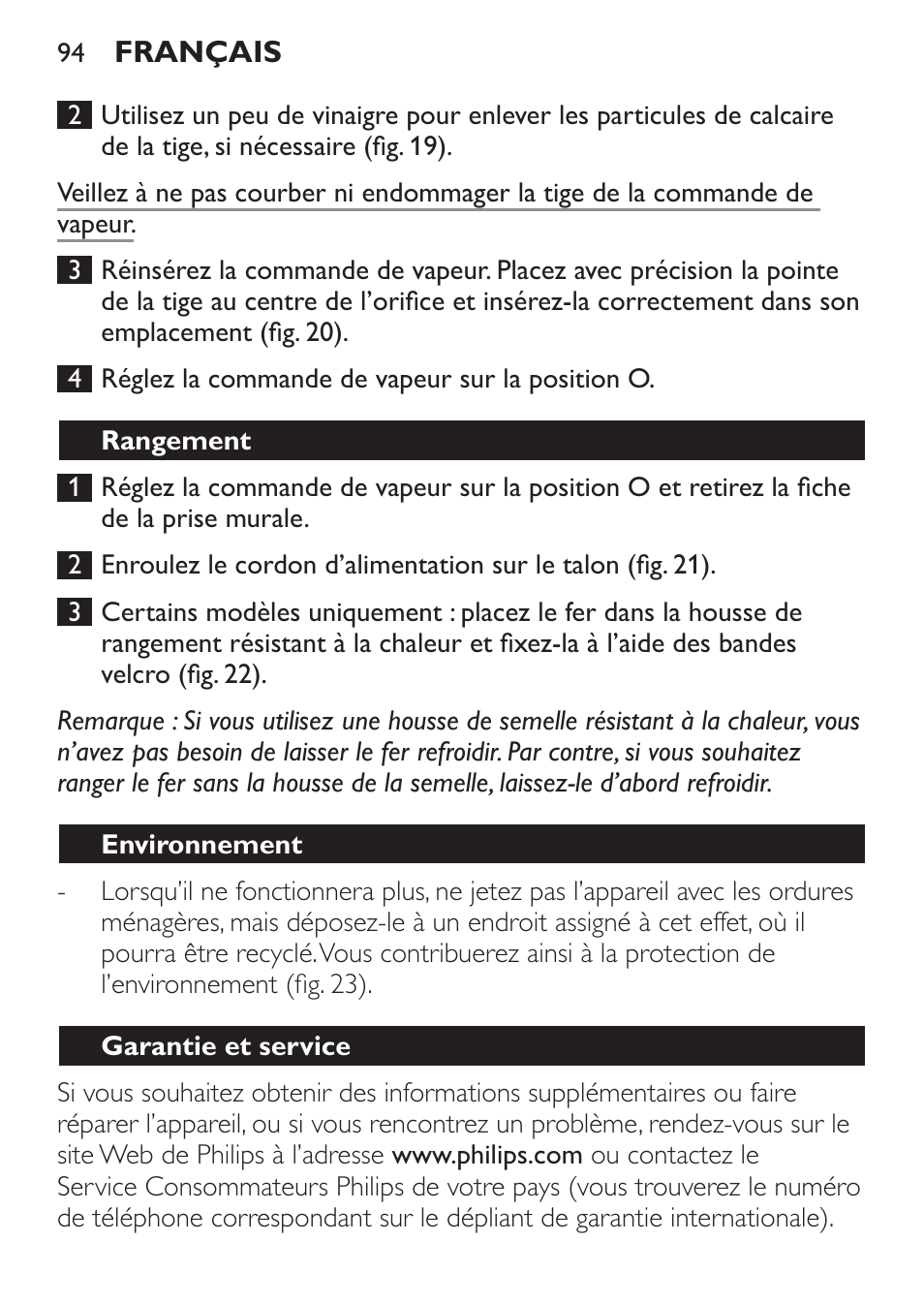 Rangement, Environnement, Garantie et service | Philips 1900 series Fer vapeur User Manual | Page 94 / 176