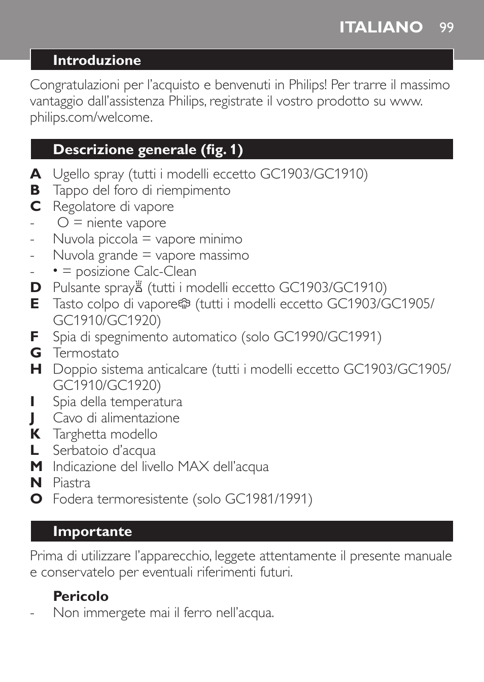 Pericolo, Italiano, Introduzione | Descrizione generale (fig. 1), Importante | Philips 1900 series Fer vapeur User Manual | Page 99 / 176