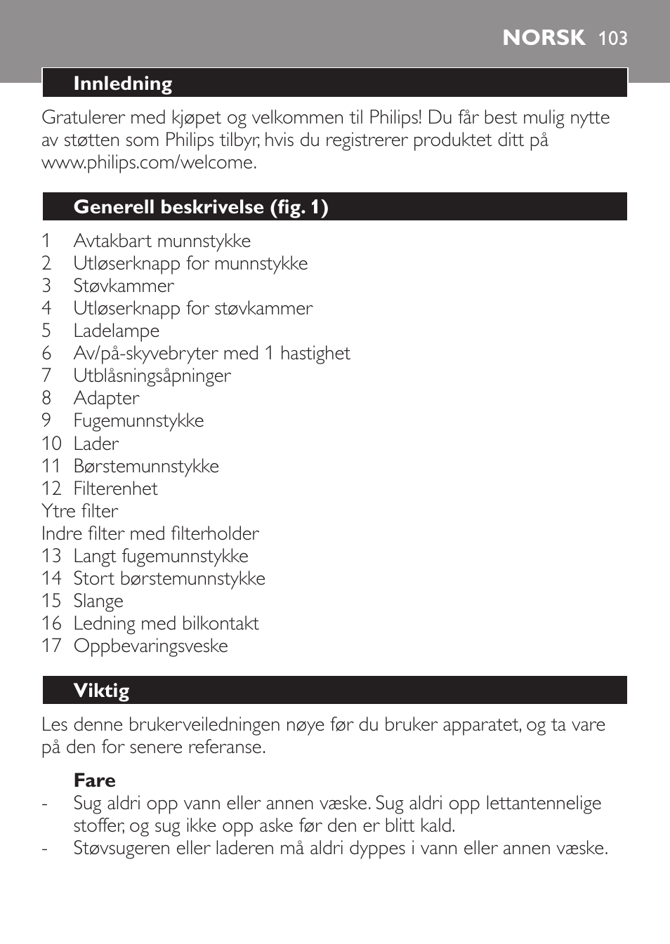 Norsk, Norsk 10 | Philips MiniVac Aspirateur à main User Manual | Page 103 / 148