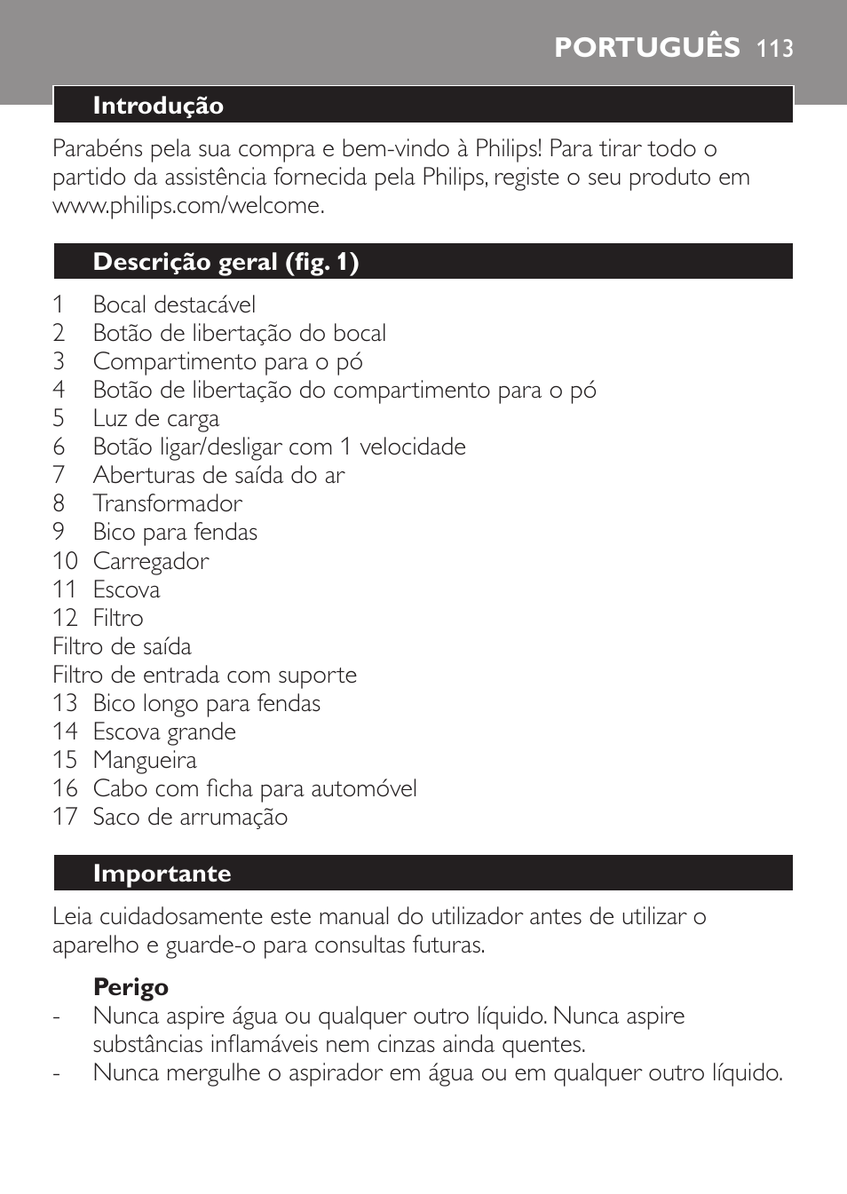 Português | Philips MiniVac Aspirateur à main User Manual | Page 113 / 148