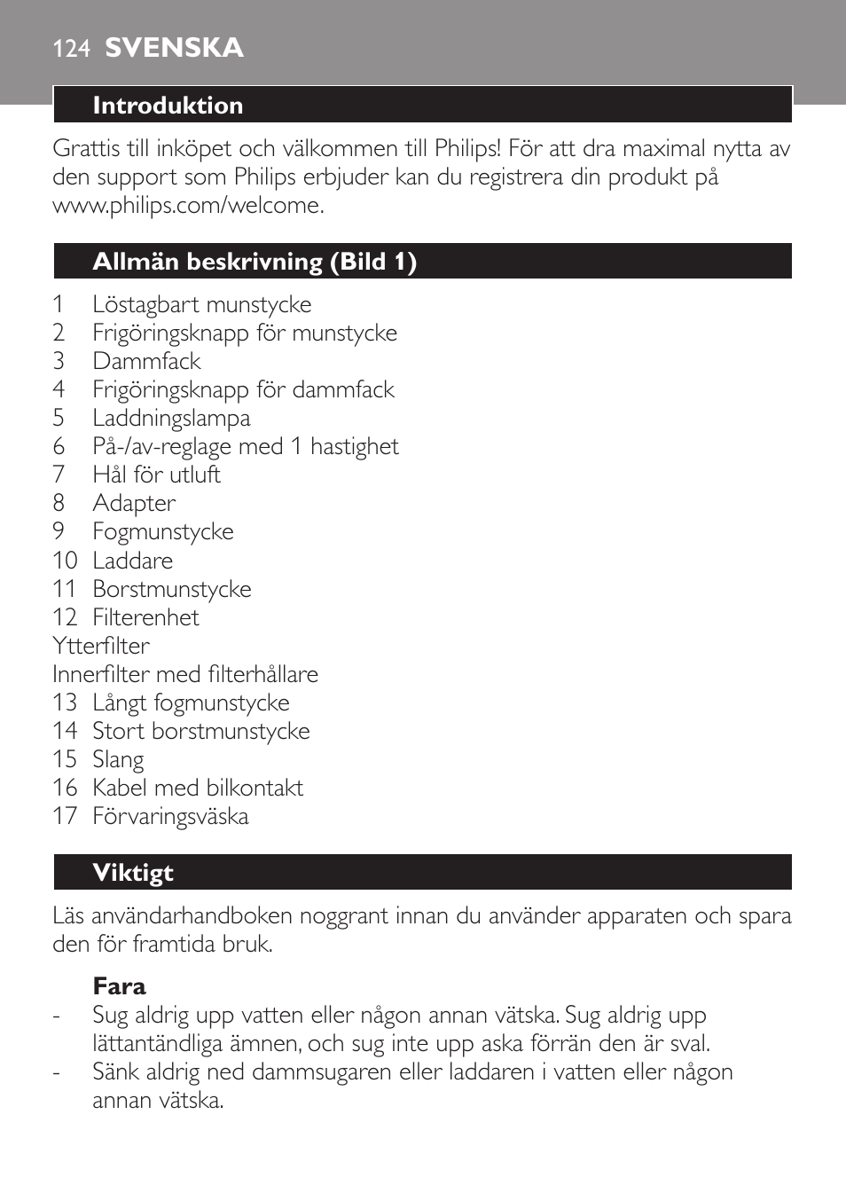 Svenska, Svenska 12 | Philips MiniVac Aspirateur à main User Manual | Page 124 / 148