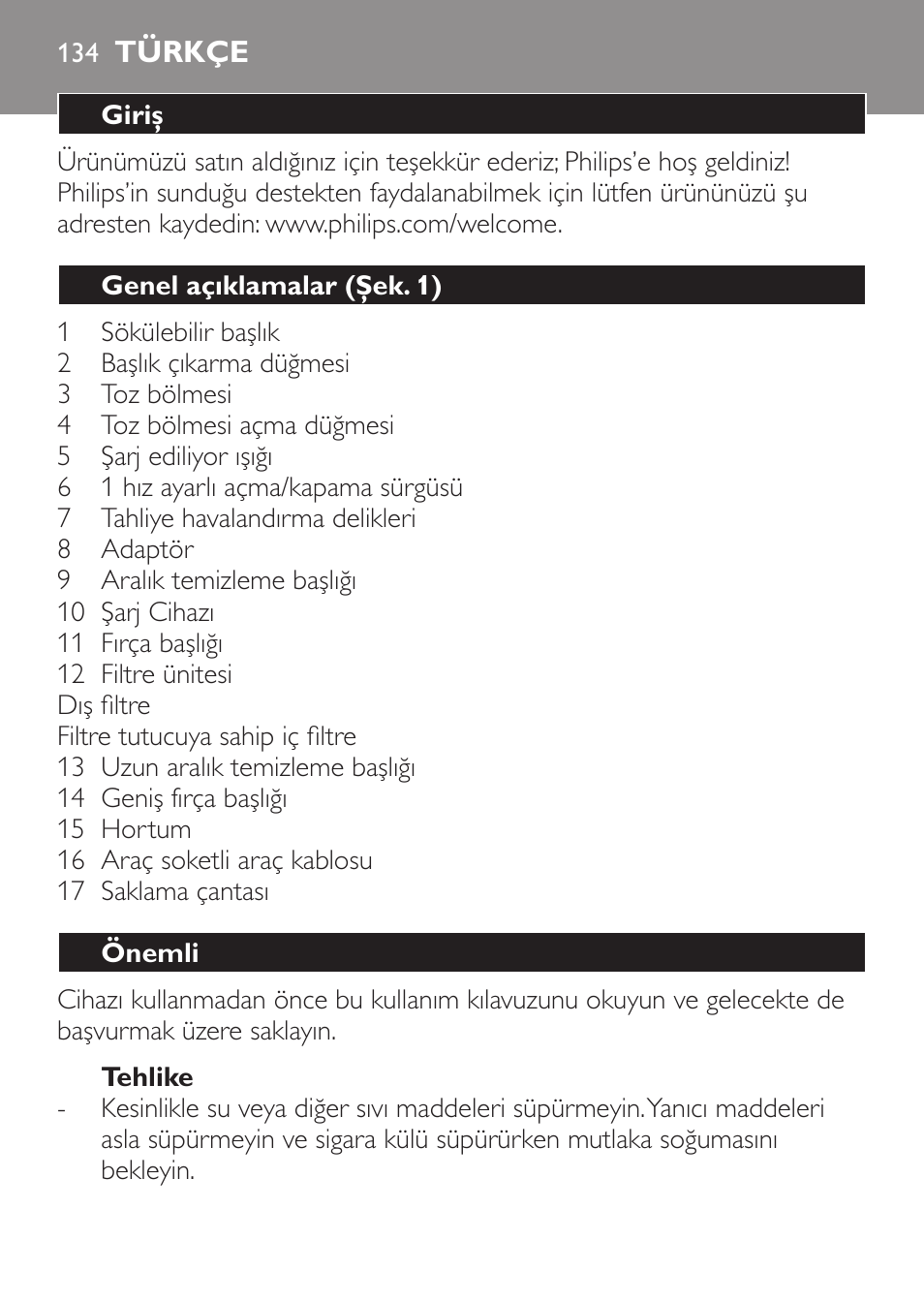 Türkçe, Türkçe 13 | Philips MiniVac Aspirateur à main User Manual | Page 134 / 148