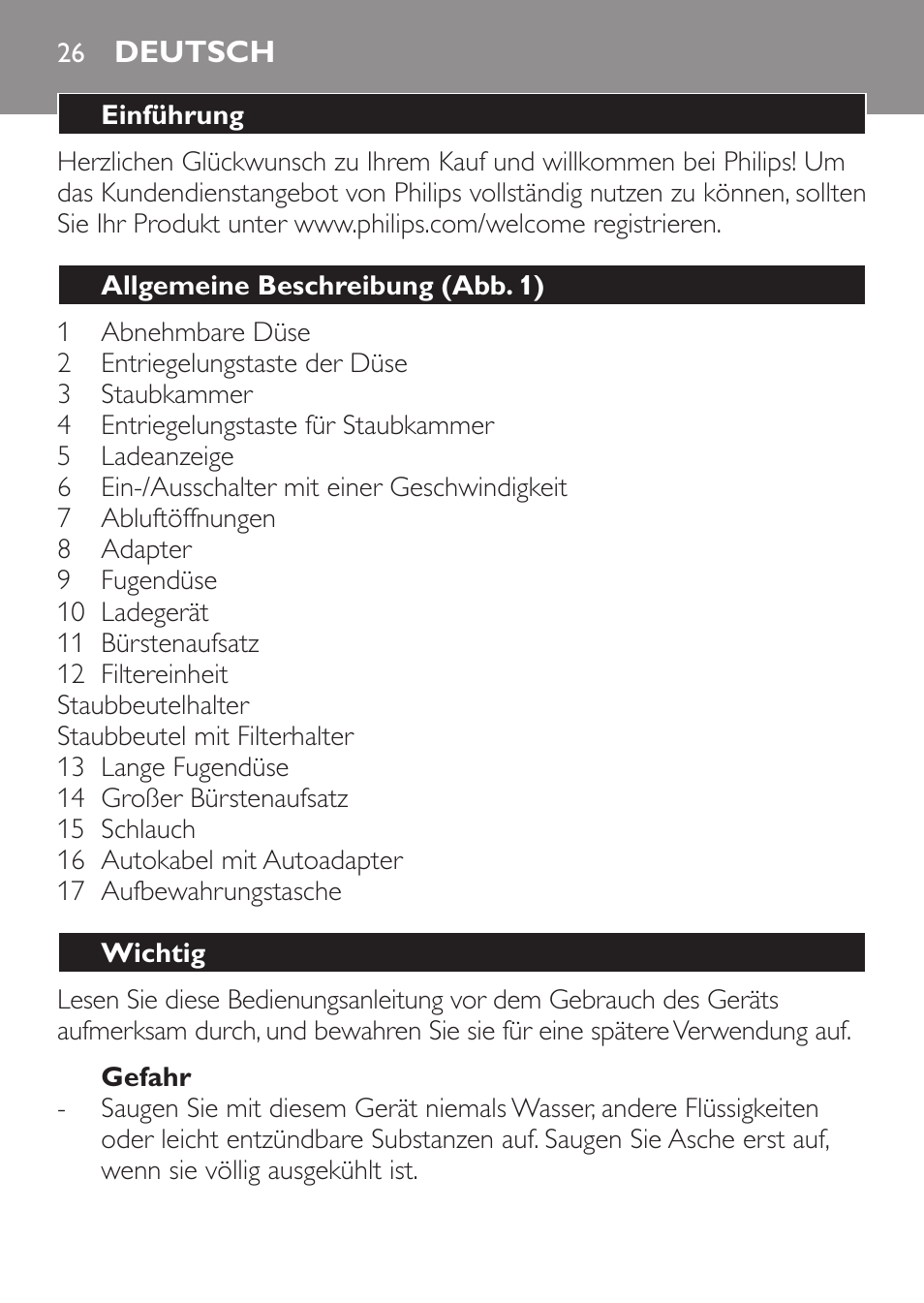 Deutsch, Deutsch 26 | Philips MiniVac Aspirateur à main User Manual | Page 26 / 148