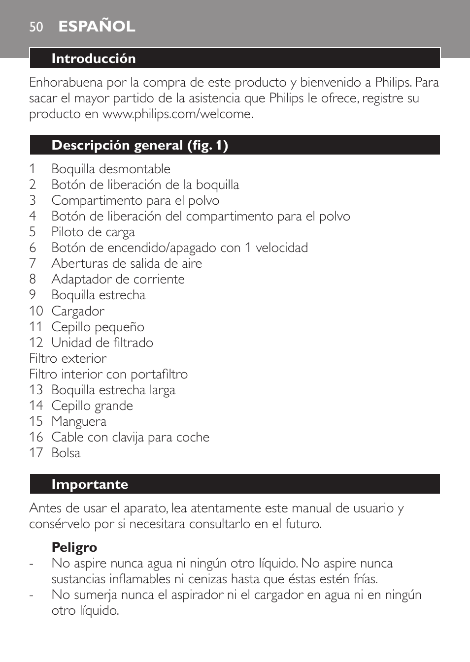 Español | Philips MiniVac Aspirateur à main User Manual | Page 50 / 148