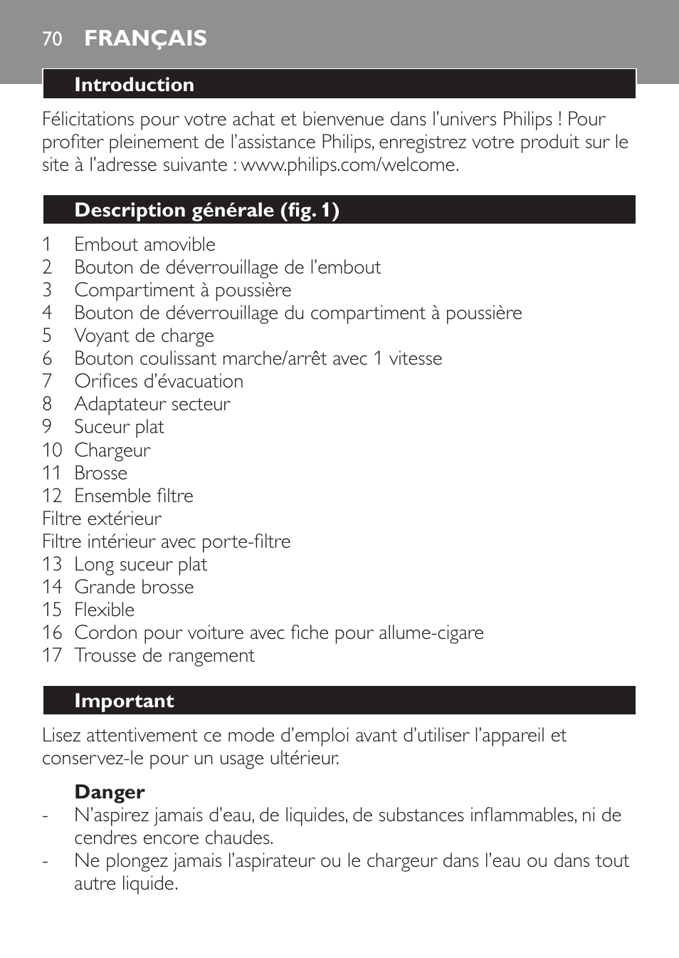 Français | Philips MiniVac Aspirateur à main User Manual | Page 70 / 148