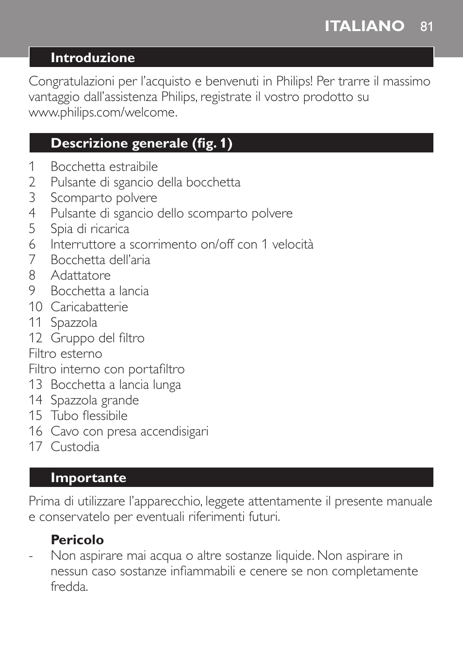 Italiano | Philips MiniVac Aspirateur à main User Manual | Page 81 / 148