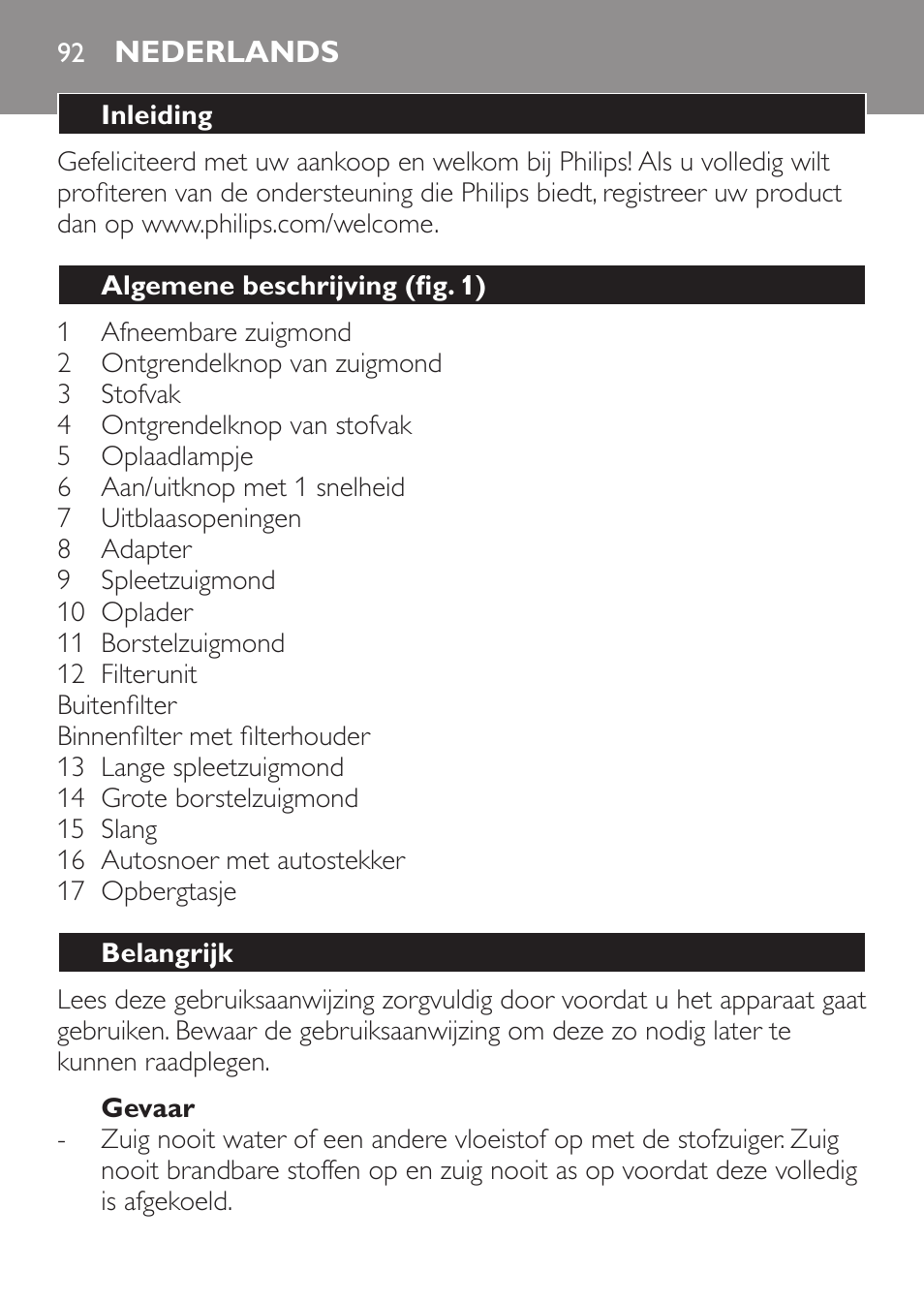 Nederlands, Nederlands 92 | Philips MiniVac Aspirateur à main User Manual | Page 92 / 148