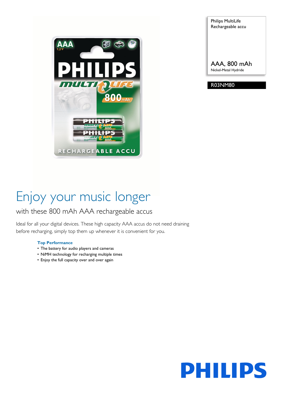 Philips MultiLife Wiederaufladbarer Akku User Manual | 2 pages