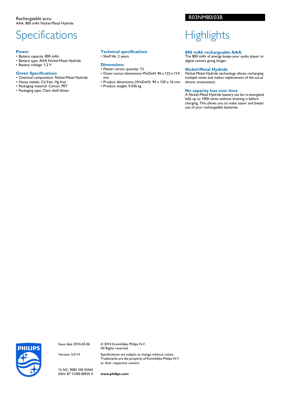 Specifications, Highlights | Philips MultiLife Wiederaufladbarer Akku User Manual | Page 2 / 2