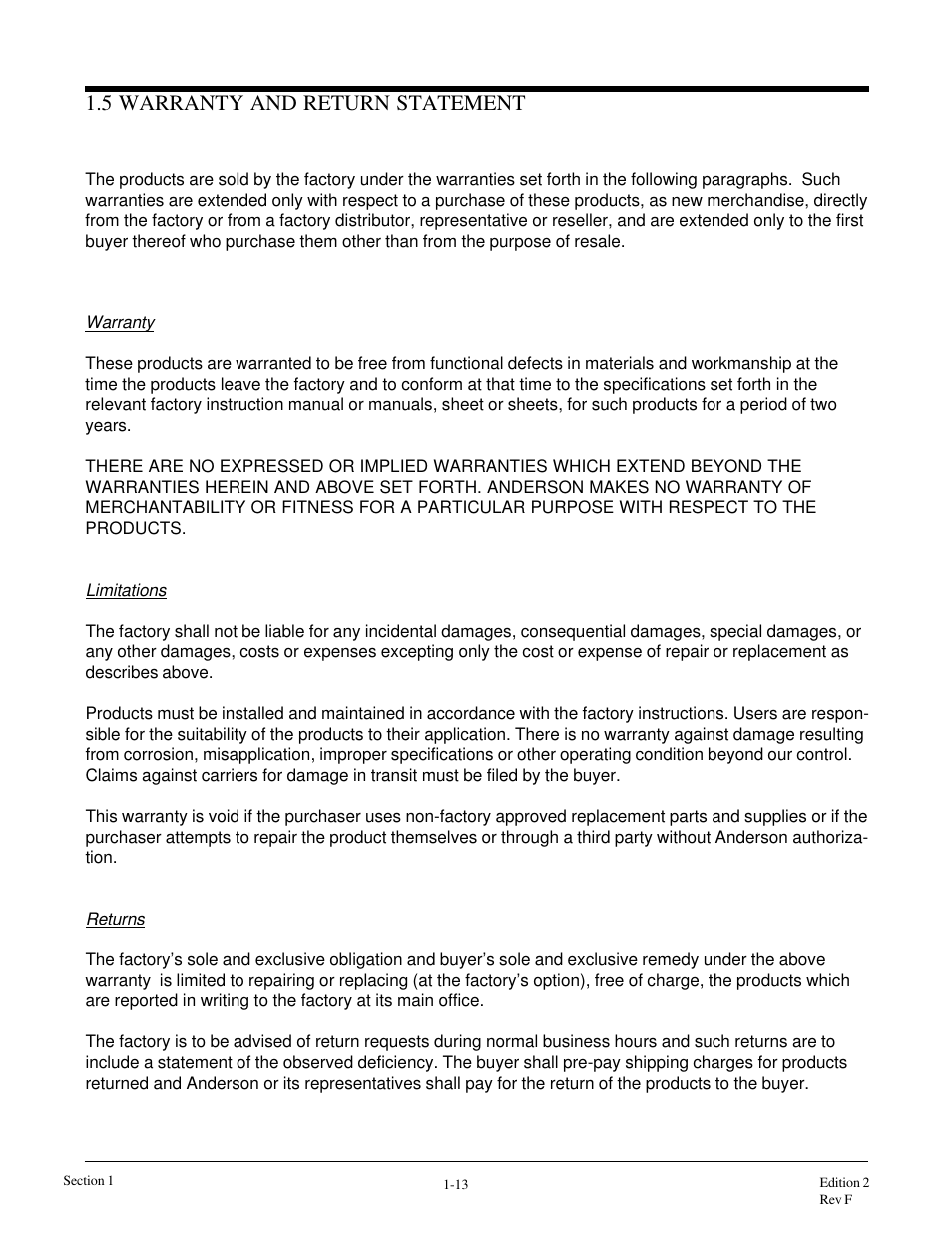 5 warranty and return statement | Anderson Manufacturing AV-9000 User Manual | Page 21 / 321